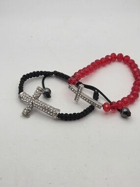 Rhinestone Cross Bracelet Set Red Beaded Black Macrame Faith Stack 2pc